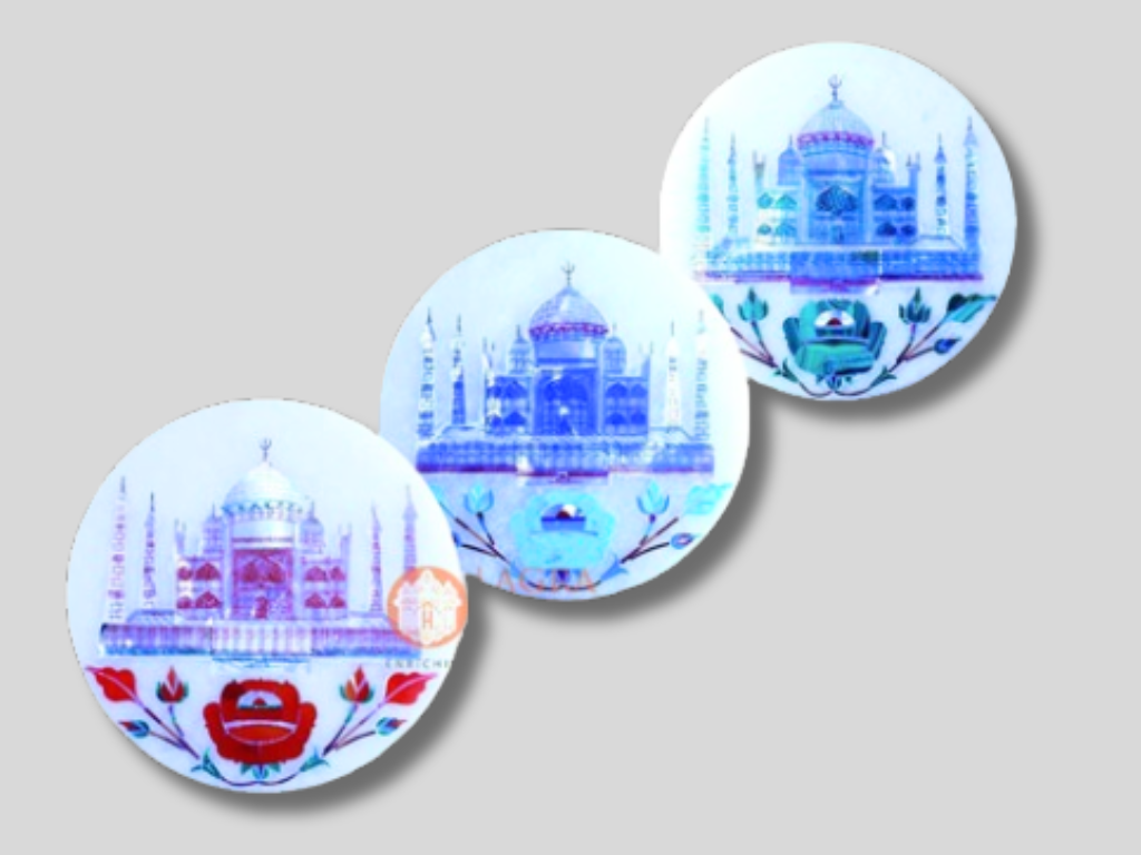 White Round Marble Coaster Set Taj Mahal Inlay Floral